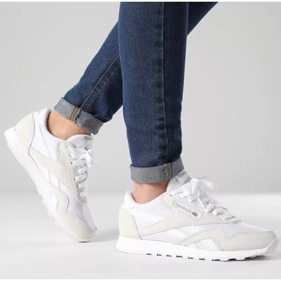 Reebok Womens Sz 8 Classic Suede Nylon White Gray Running Sneakers Shoes - New - Picture 1 of 10